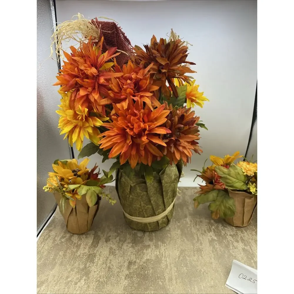 Whimsical Fall Scarecrow Floral Display in Pot Along With 2 Small Floral Pots